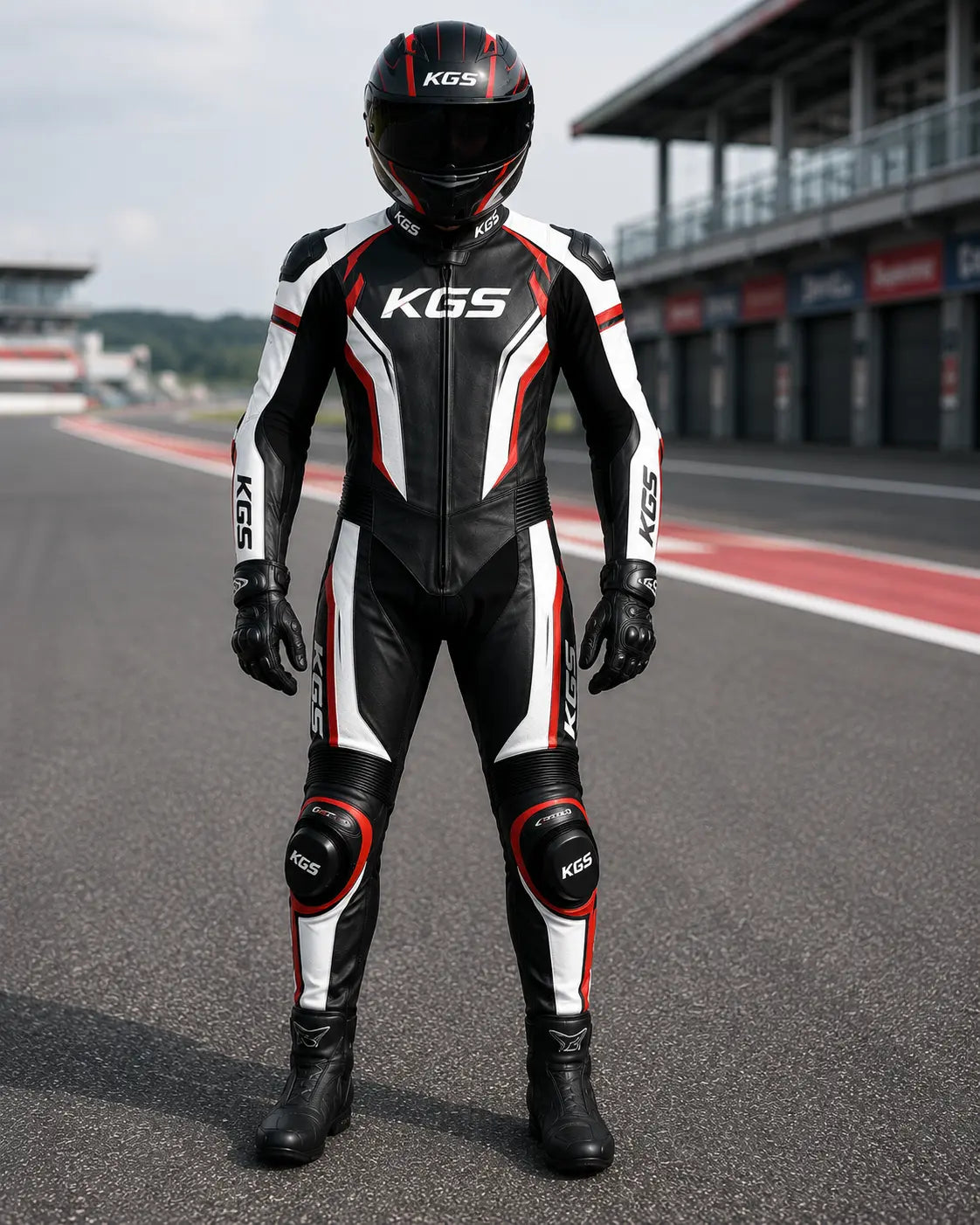 Person wearing a KGS motorcycle racing suit and helmet on a racetrack.