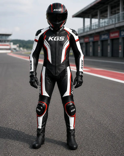 Person wearing a KGS motorcycle racing suit and helmet on a racetrack.