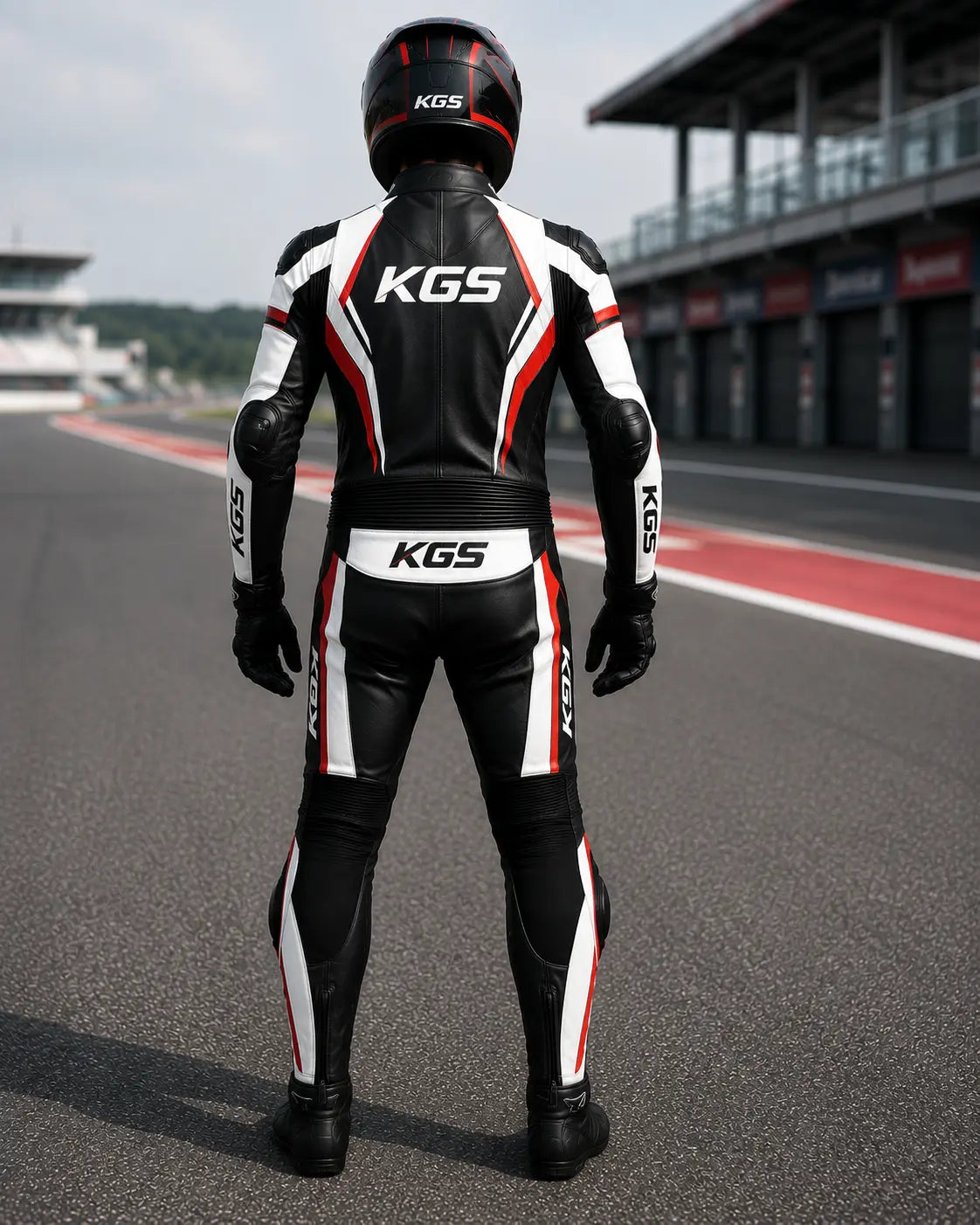 Person wearing a KGS motorcycle suit and helmet on a racetrack