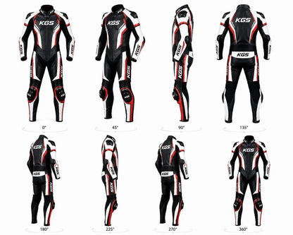 KGS motorcycle racing suit displayed from multiple angles on a white background