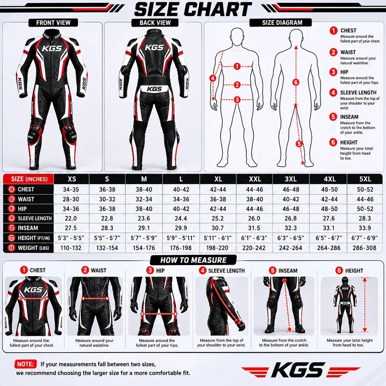 KGS motorcycle suit size chart with front and back views, measurements, and KGS branding.