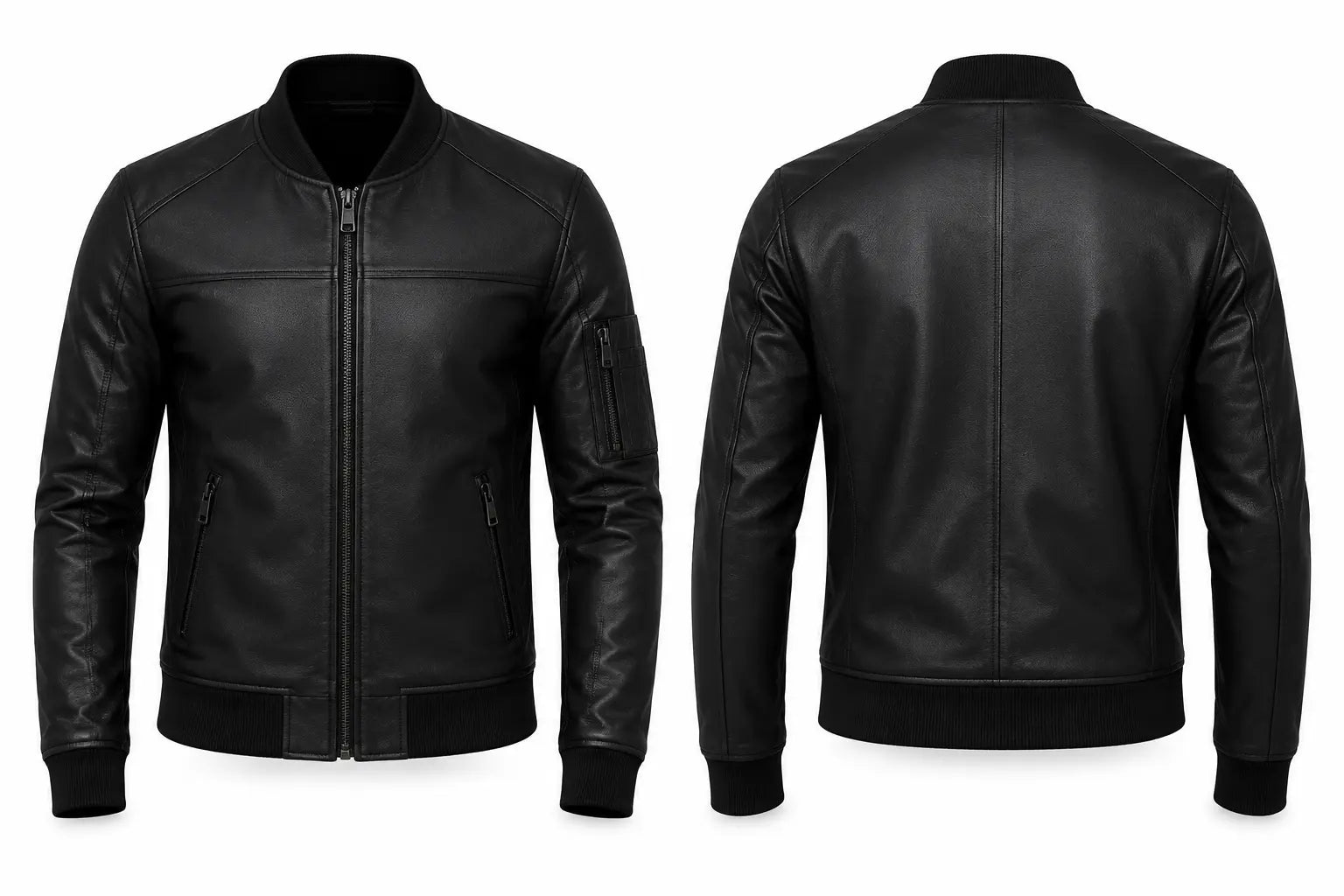 Black leather jacket shown from front and back on a white background