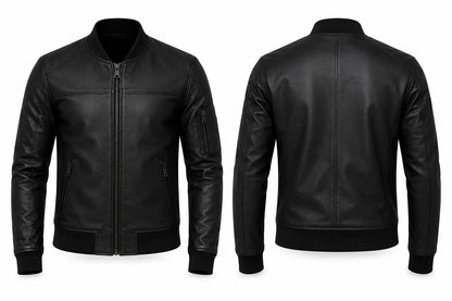 Black leather jacket shown from front and back on a white background