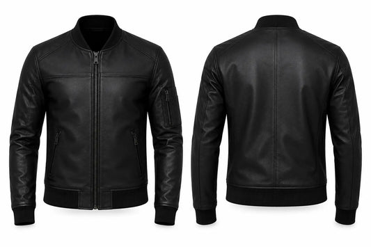 Black leather jacket shown from front and back on a white background