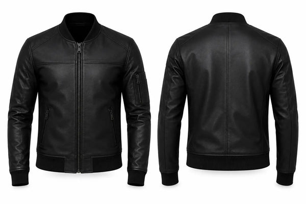 Black leather jacket shown from front and back on a white background