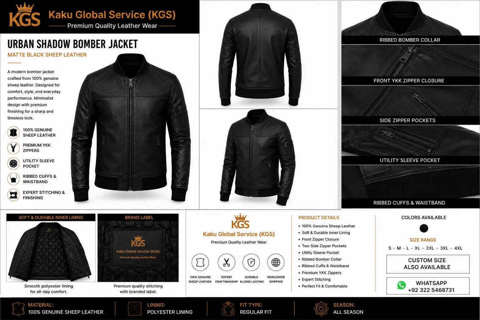 Black bomber jacket with product details and features on a white background