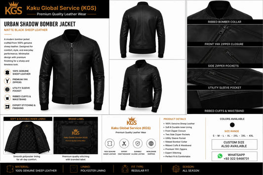 Black bomber jacket with product details and features on a white background