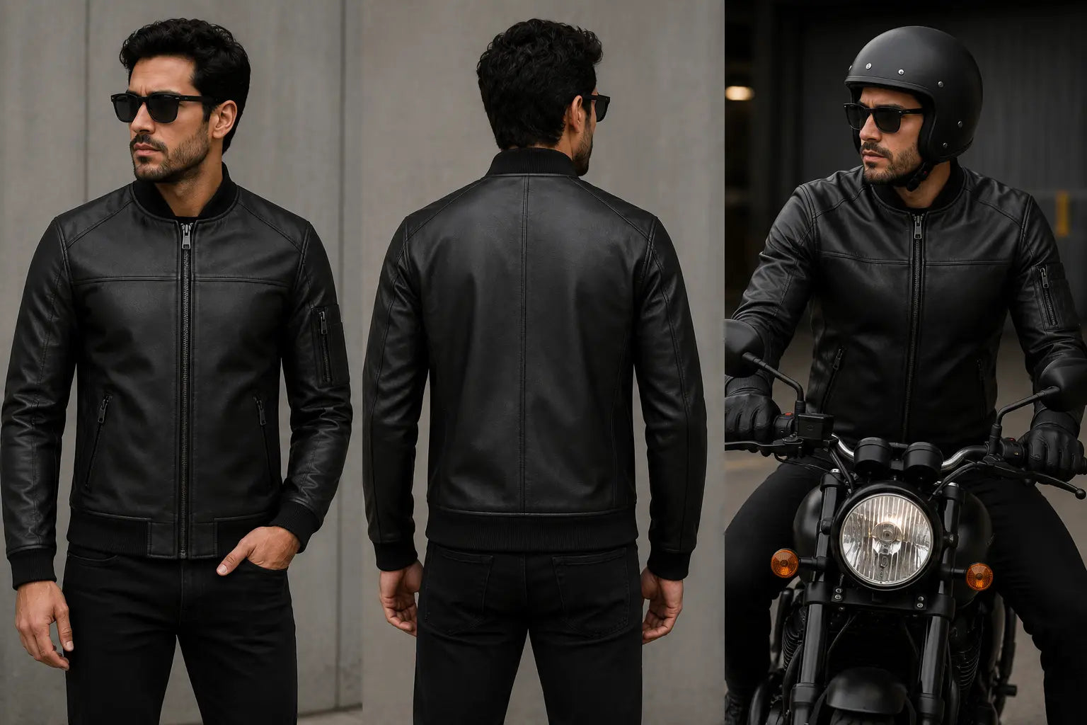 Man wearing a black leather jacket and helmet, standing and on a motorcycle.