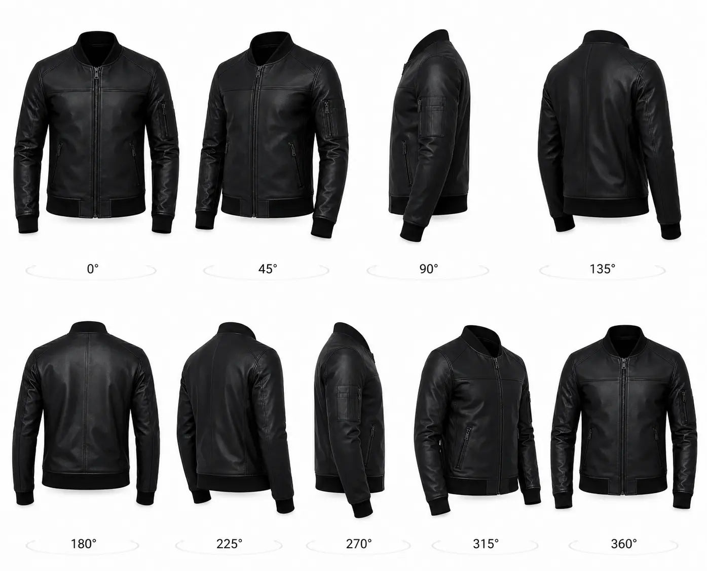 Black leather jacket displayed from multiple angles on a white background