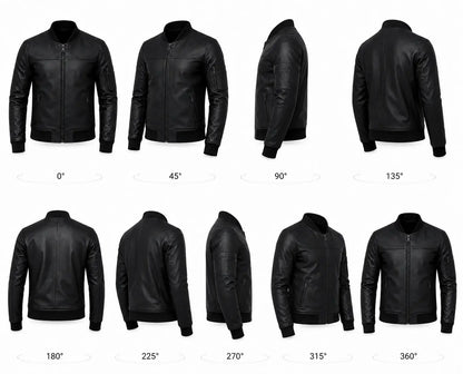 Black leather jacket displayed from multiple angles on a white background