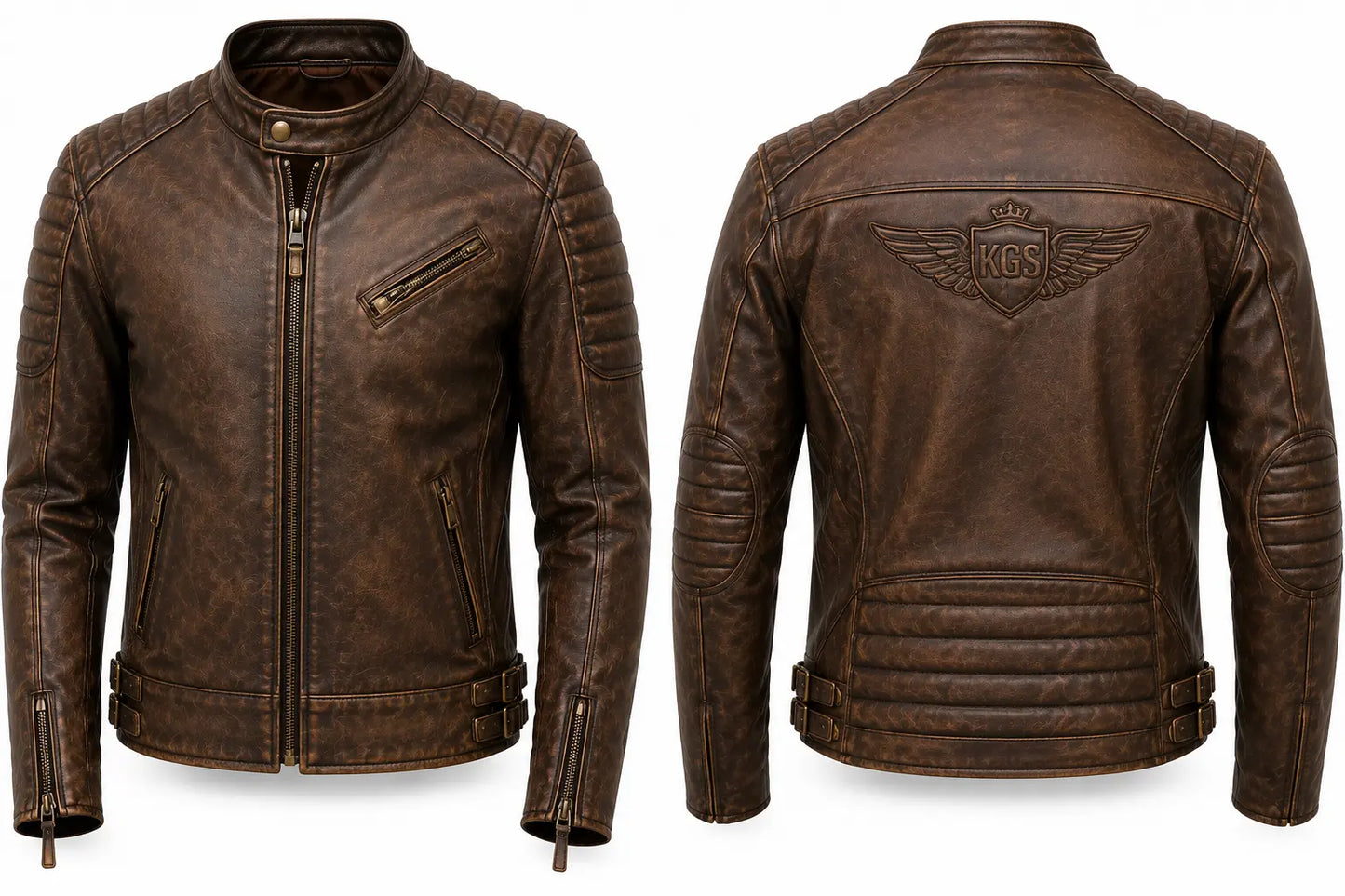 Brown leather jacket shown from front and back on a white background