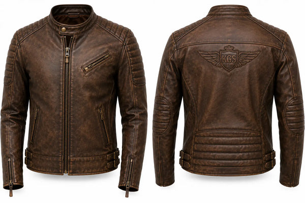 Brown leather jacket shown from front and back on a white background
