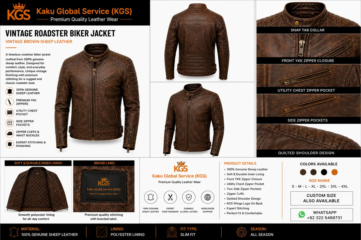 Brown leather biker jacket with Kaku Global Service branding on a white background