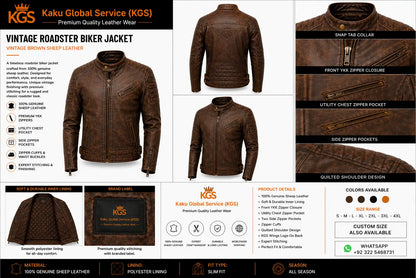 Brown leather biker jacket with Kaku Global Service branding on a white background