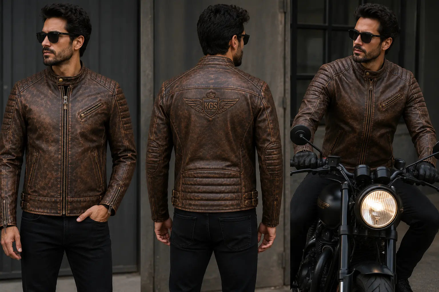 Man wearing a brown leather jacket with a motorcycle, shown from front, back, and side views.