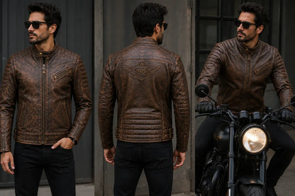 Man wearing a brown leather jacket with a motorcycle, shown from front, back, and side views.
