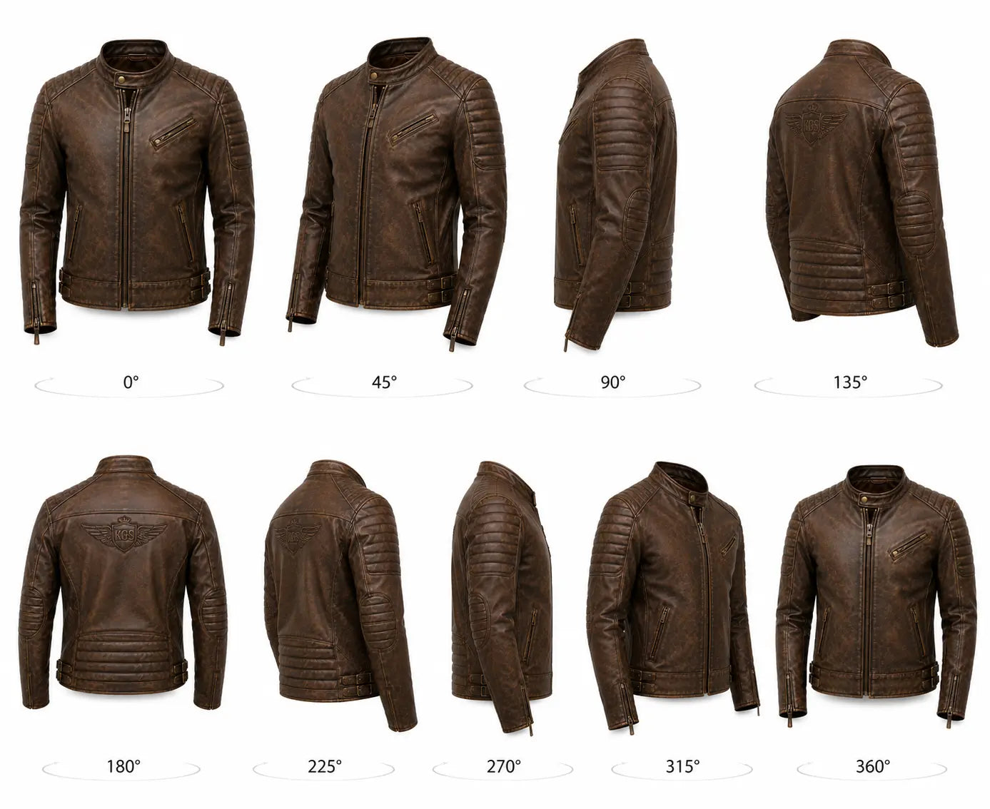 Brown leather jacket displayed from multiple angles on a white background