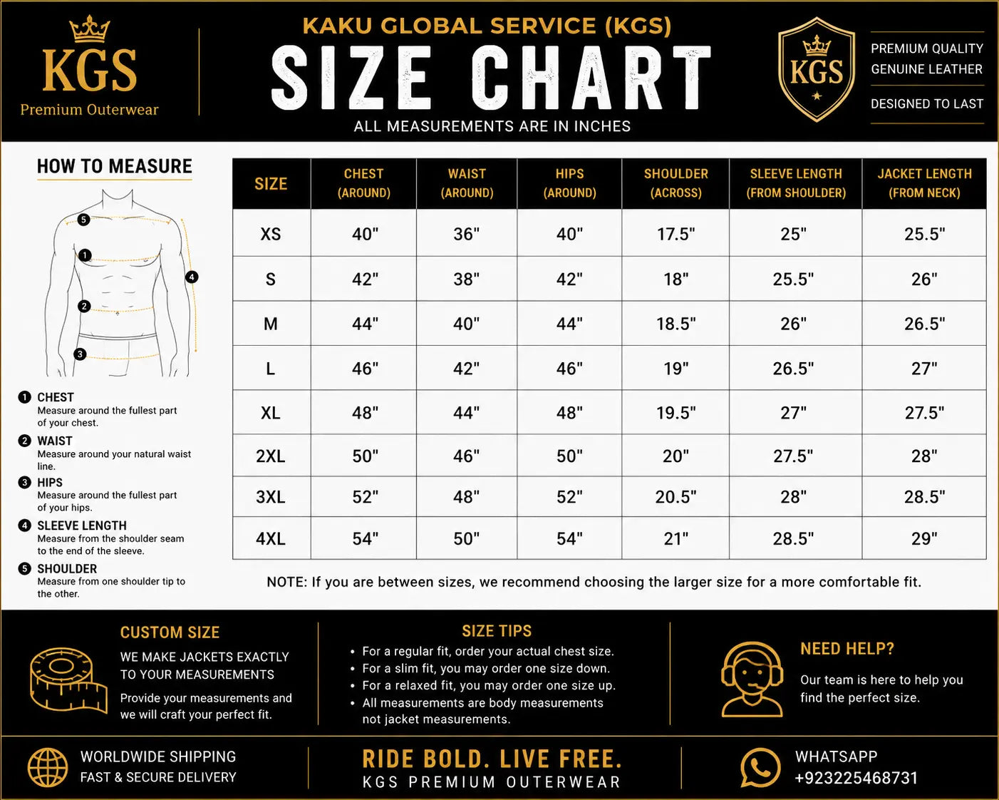 Kaku Global Service size chart for premium outerwear measurements in inches.
