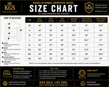 Kaku Global Service size chart for premium outerwear measurements in inches.
