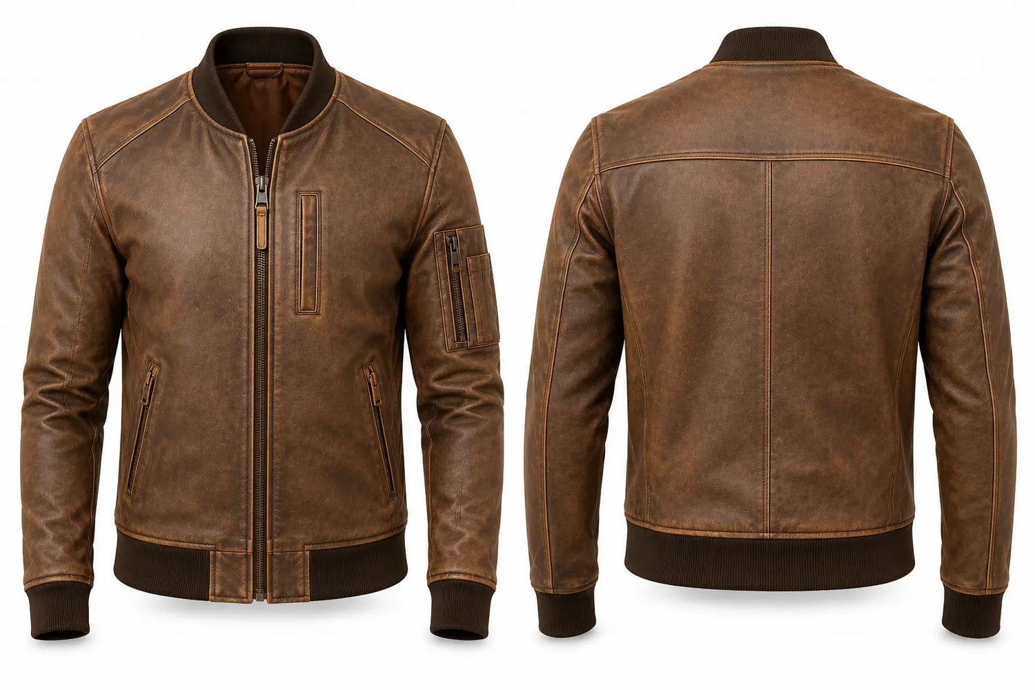 Brown leather jacket shown from front and back on a white background