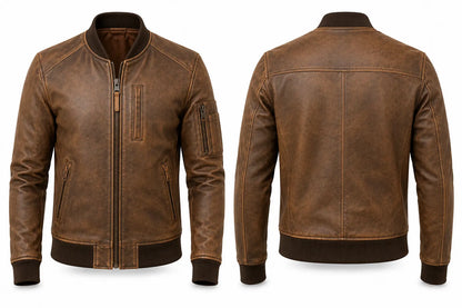 Brown leather jacket shown from front and back on a white background
