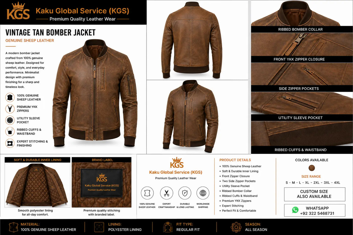 Vintage tan bomber jacket with Kaku Global Service branding and product details.