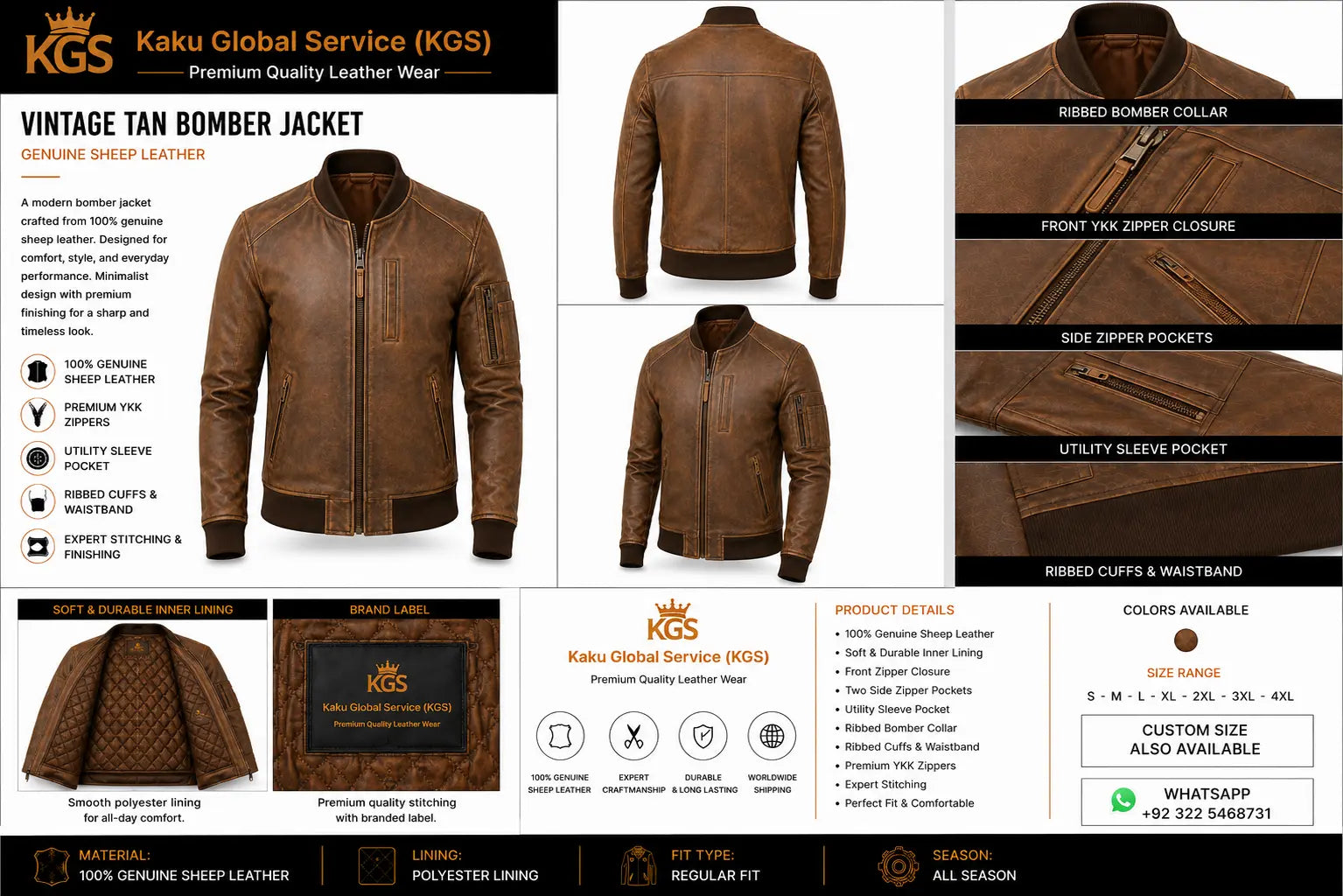 Vintage tan bomber jacket with Kaku Global Service branding and product details.
