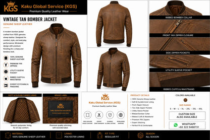 Vintage tan bomber jacket with Kaku Global Service branding and product details.