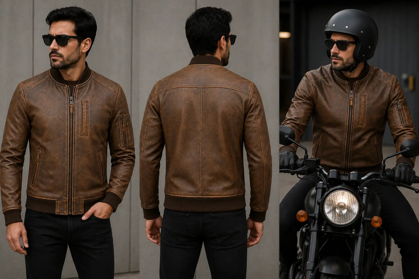 Man wearing a brown leather jacket in various poses, including standing and on a motorcycle.