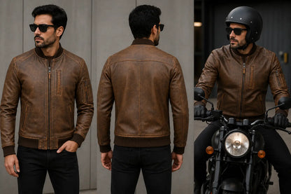 Man wearing a brown leather jacket in various poses, including standing and on a motorcycle.
