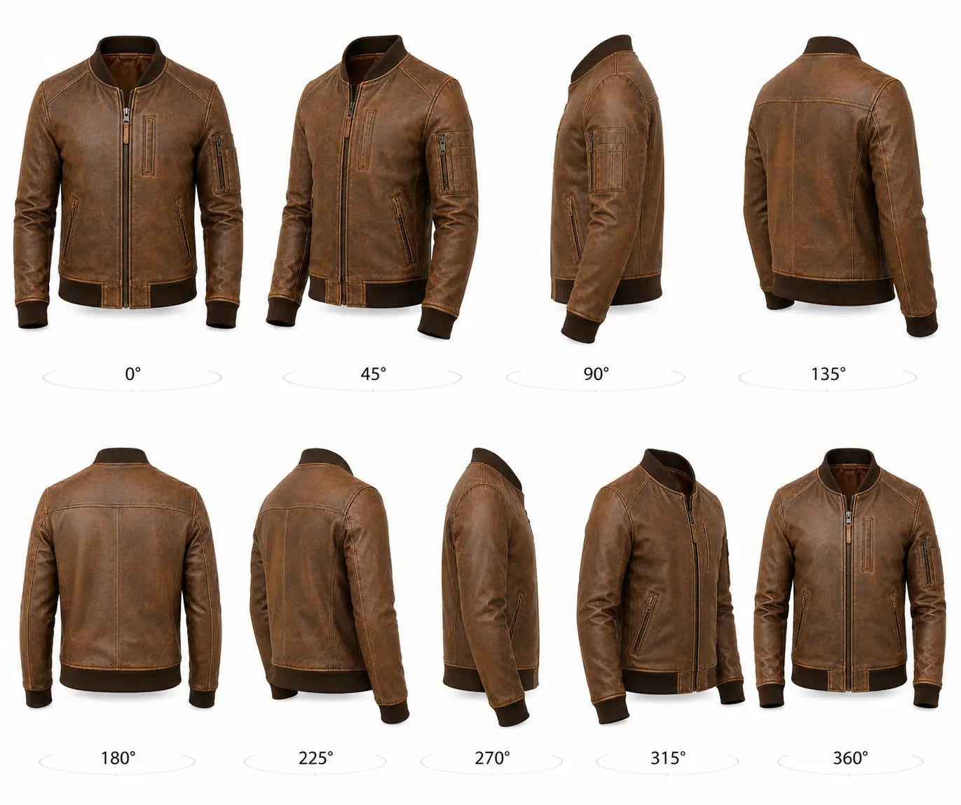 Brown leather jacket displayed from multiple angles on a white background
