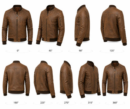 Brown leather jacket displayed from multiple angles on a white background